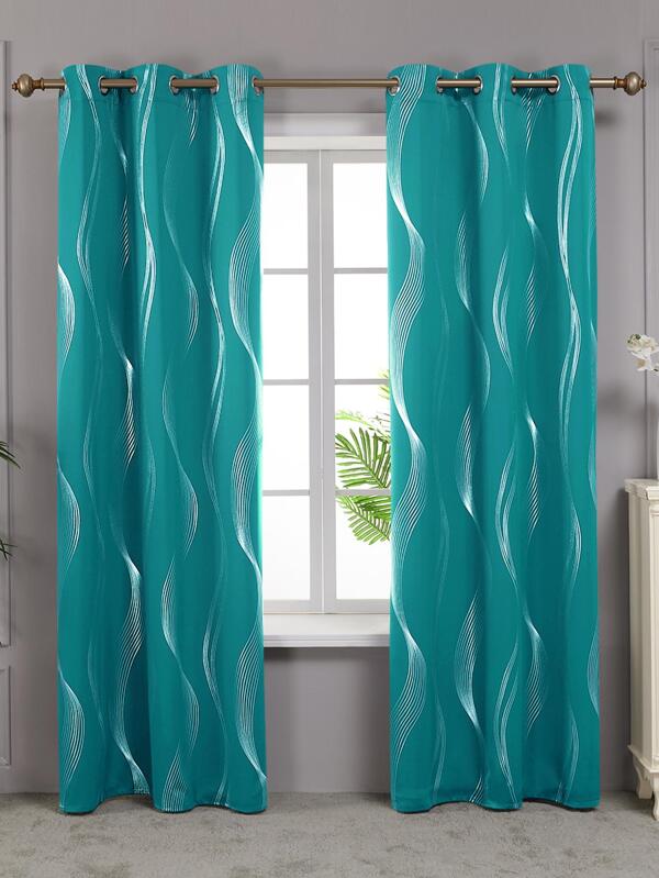 2 Pcs Halloween Decorations Blackout 42 Width Curtains, Foil Printed Wave Room Darkening Curtains, Thermal Insulated Window Curtains For Living Room, 2 Panels Teal Blue