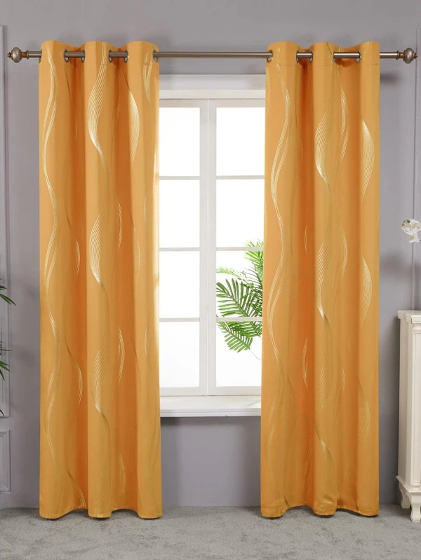 2 Pcs Halloween Decorations Blackout 42 Width Curtains, Foil Printed Wave Room Darkening Curtains, Thermal Insulated Window Curtains For Living Room, 2 Panels Orange