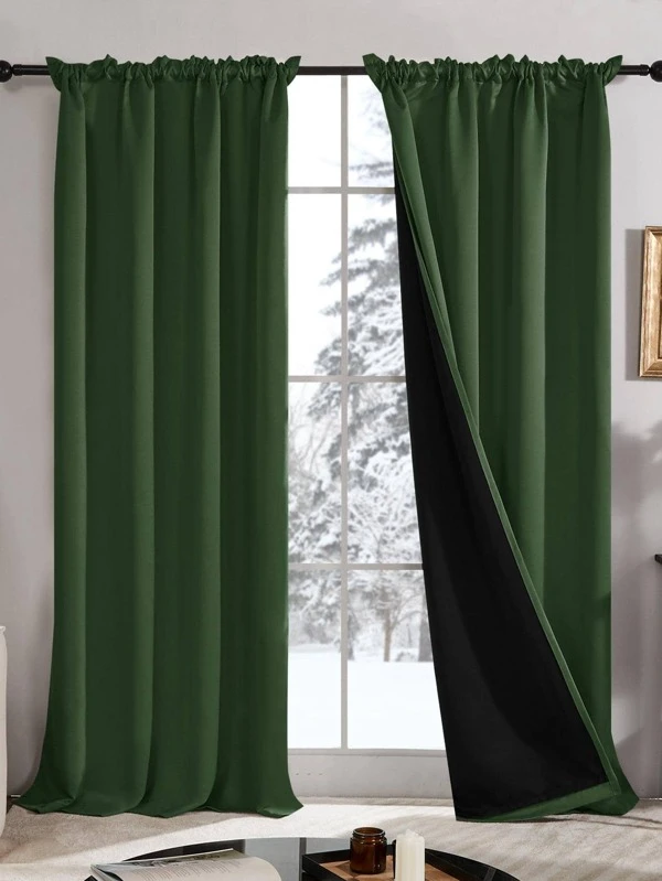 2 Pcs Total Light Blocking Curtains, 100% Blackout 2 Panels, Rod Pocket Drapes Thermal Insulated, Noise Cancelling Panels For Bedroom Green