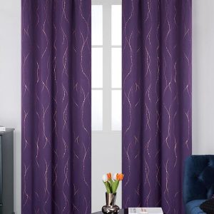 2pcs Blackout Curtains, 52 Width Thermal Insulated Striped Gold Wave Line And Dots Curtains For Bedroom, 2 Panels Purple