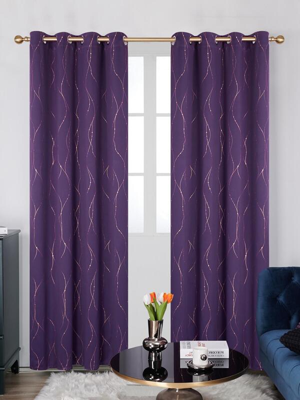 2pcs Blackout Curtains, 52 Width Thermal Insulated Striped Gold Wave Line And Dots Curtains For Bedroom, 2 Panels Purple