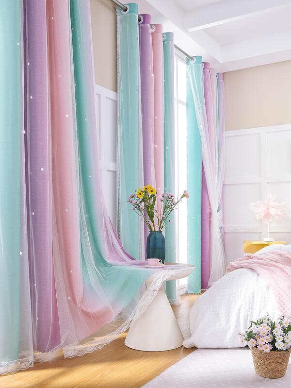 1pc Lace Curtain, Modern Double Layer Blackout Curtain For Home Decor Multicolor