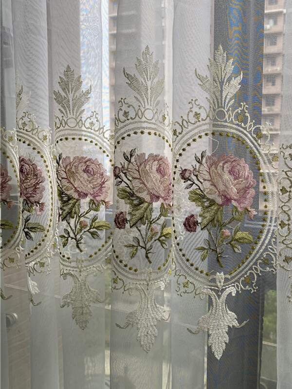 1pc High-End Embroidered Floral Sheer Curtain For Living Room/Bedroom Beige