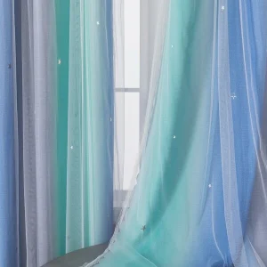 1pc Blue Blackout & Star Living Room Curtain With Double Layers Hallow Cut Stars For Bedroom Multicolor