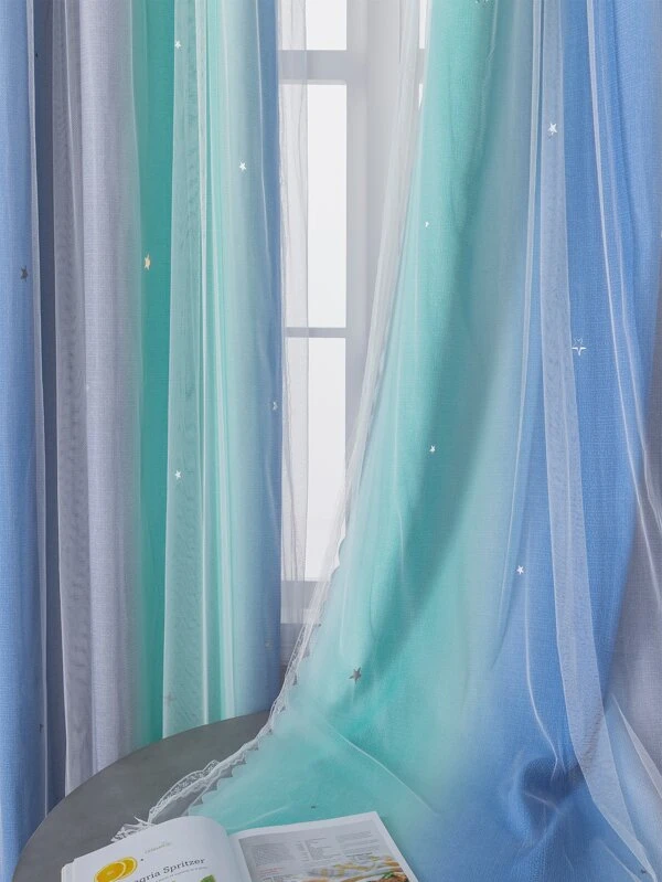 1pc Blue Blackout & Star Living Room Curtain With Double Layers Hallow Cut Stars For Bedroom Multicolor