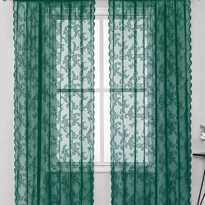1pc Small Rose Patterned Rod Pocket Sheer Curtain Made Of French Polyester Fiber, Suitable For Living Room, Bedroom, Bay Window Dark Green