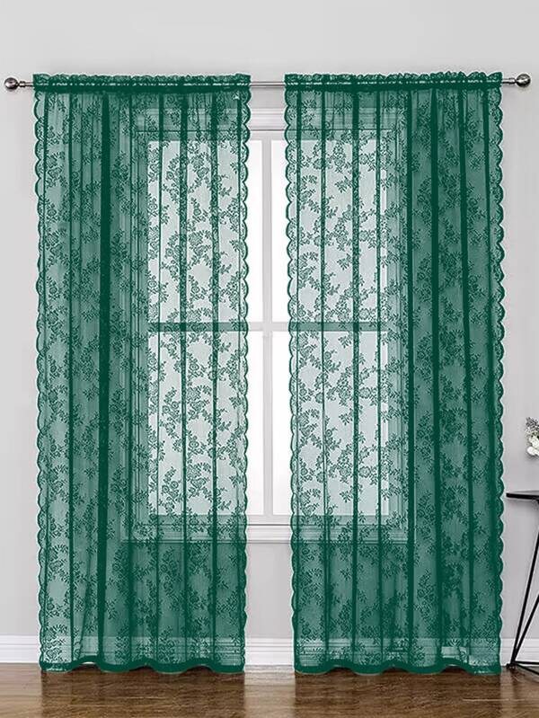 1pc Small Rose Patterned Rod Pocket Sheer Curtain Made Of French Polyester Fiber, Suitable For Living Room, Bedroom, Bay Window Dark Green