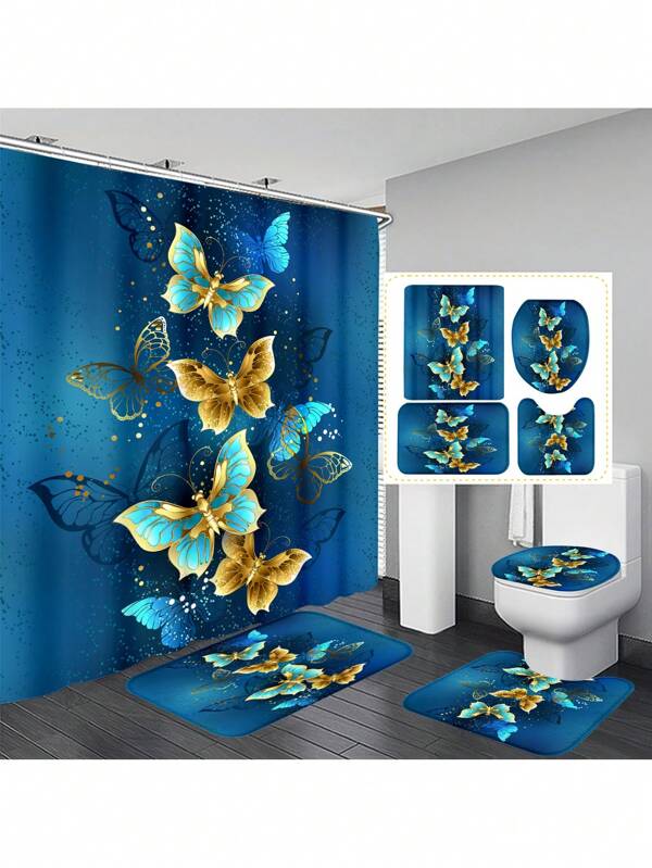 1pc Butterfly Bohemian Style Polyester Waterproof Thermal Insulated Home Decor Shower Curtain, With 12 Hooks; Or 4pcs 1.3cm Thick Anti-Slip Memory Foam Bathroom Mat Set, For Bathroom Decoration, Full Scenarios Usage Multicolor
