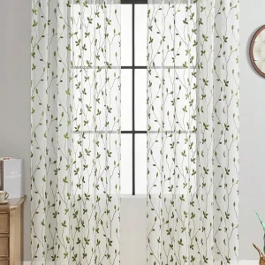 1pc Embroidered Window Curtain, Rod Pocket, Suitable For All Modern And Simple Scene, Embroidered Leaf Patterns, With Pocket, Faux Linen, Floral Semi-Transparent Sheer Curtain, Suitable For Living Room/Bedroom, Multipurpose Window Sheer Airy Curtains For Privacy Durable Drapes Green