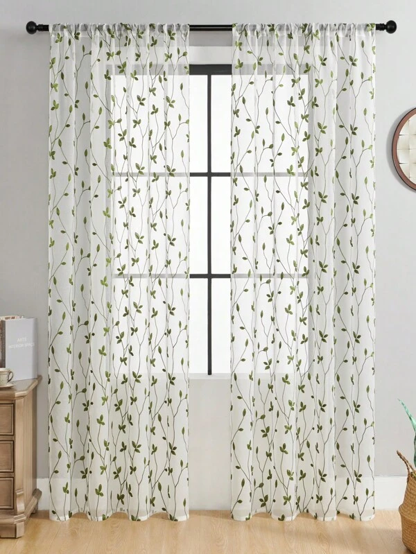 1pc Embroidered Window Curtain, Rod Pocket, Suitable For All Modern And Simple Scene, Embroidered Leaf Patterns, With Pocket, Faux Linen, Floral Semi-Transparent Sheer Curtain, Suitable For Living Room/Bedroom, Multipurpose Window Sheer Airy Curtains For Privacy Durable Drapes Green