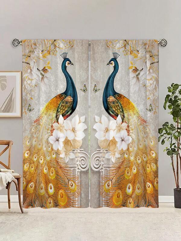 2pcs Vintage Peacock Print Curtains,Without Holes Curtain,Refer To Bedroom Office Kitchen Living Room Study Home Decor Multicolor