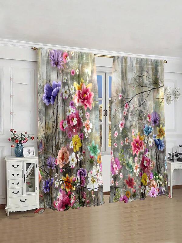 1 Set Of 2 Pieces Colorful Watercolor Floral Printed Retro Style Artistic Decorative Curtains, Suitable For Living Room, Bedroom, Kitchen, Privacy Protection And Decoration Red Violet