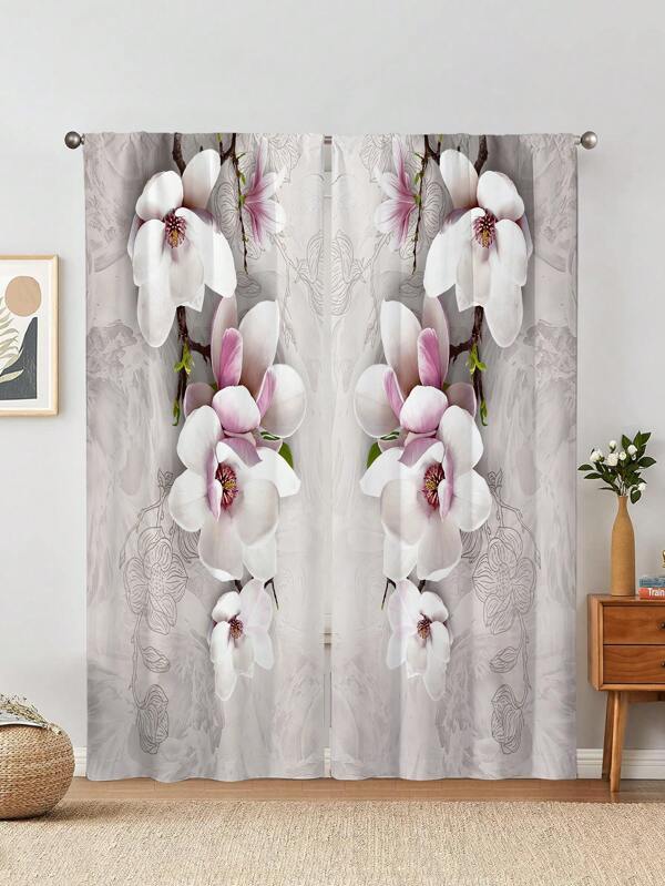 2pcs Magnolia Pattern Blackout Curtains,Without Holes Curtain, Refer To Bedroom Office Kitchen Living Room Study Home Decor Multicolor