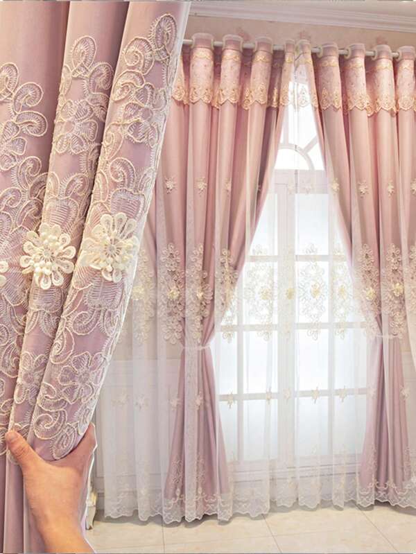 1pc New Embroidered Curtain Floral Sheer Double Layer Window Treatment For Living Room Bedroom With Countryside Style Simple Sheer Curtain Pink