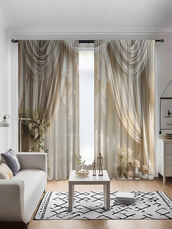 2pcs New Fashion High-Grade Digital Printed Window Curtains, Home Decoration Half-Shading Heat Insulation Rod-Pocket Drapes, All-Season Use Multicolor