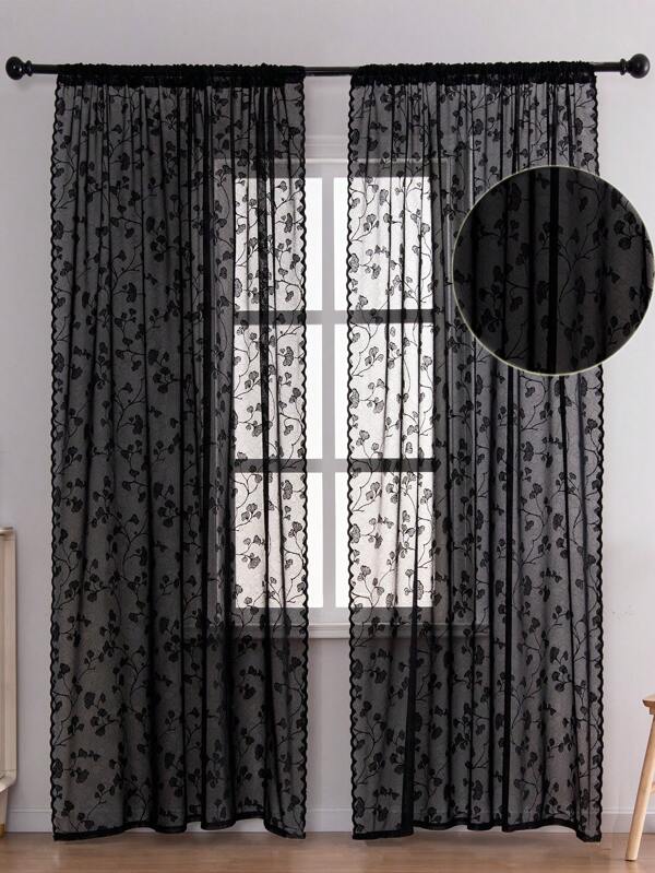 1pc Vine Leaf Jacquard Lace Curtain With Scalloped Hem, Soft And Semi-Transparent Window Treatment For Bedroom, Can Be Machine Washed, Suitable For Villa, Farmhouse Black