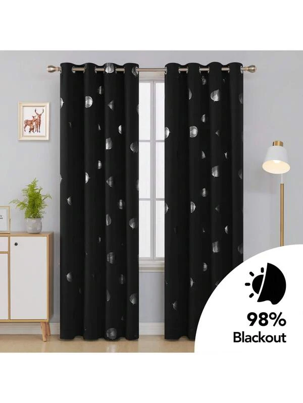 2 Pcs Plam Fan Patterned Blackout Curtains For Living Room , Grommet Top Room Darkening Bedroom Curtains, Silver Printed Thermal Insulated Window Drapes Black