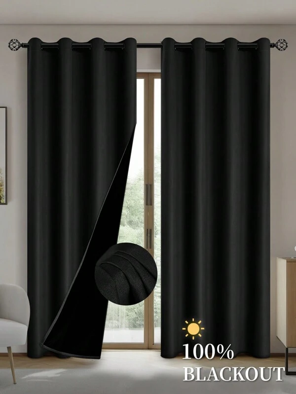 2pcs Blackout Curtains With Coating Insulating Lining, Perfect For Living Room, Bedroom, Kitchen, Bathroom, Home Decoration, Room Decor Black