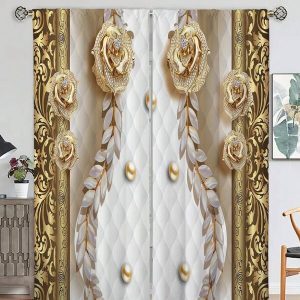 2pcs Elegant Golden Flower Pattern Curtain,Without Holes Curtain, Refer To Bedroom Office Kitchen Living Room Study Home Decor Multicolor