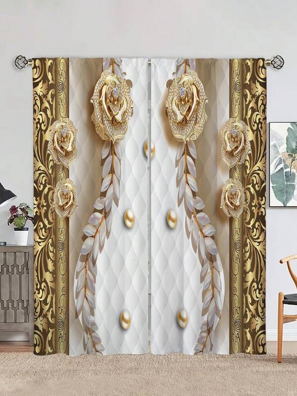 2pcs Elegant Golden Flower Pattern Curtain,Without Holes Curtain, Refer To Bedroom Office Kitchen Living Room Study Home Decor Multicolor