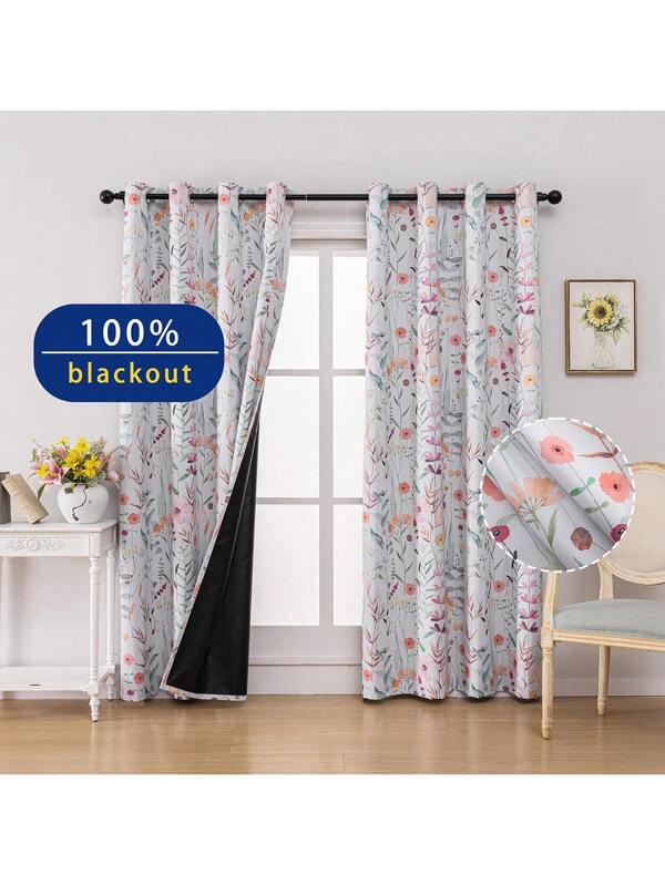 2Panels Floral 100% Blackout  Curtains, Romantic Pink Floral Print Curtains, Top Grommet Suspension, Sun Protection, Heat Insulation, Shading, Thick Noise Reduction Film Coating, Shading Curtains, Deep Sleep Curtains Suitable For Bedroom, Living Room, Home Decoration Multicolor