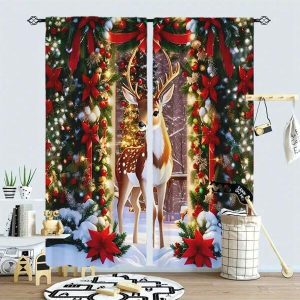 2 Panels Christmas Deer Print Curtain -  Blackout Curtains,Polyester Machine Washable Curtains ,Christmas Fashionable Home Decor,Christmas Gifts Multicolor
