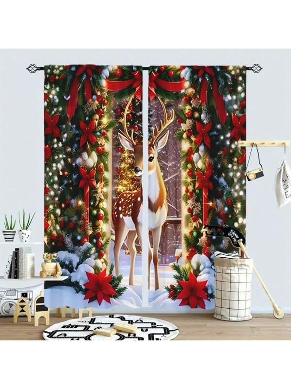 2 Panels Christmas Deer Print Curtain -  Blackout Curtains,Polyester Machine Washable Curtains ,Christmas Fashionable Home Decor,Christmas Gifts Multicolor