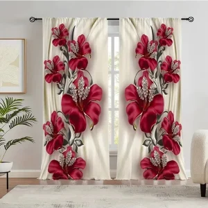 2pcs Diamond Red Rose Shaped Blackout Curtains Home Decoration Window Curtains Multicolor