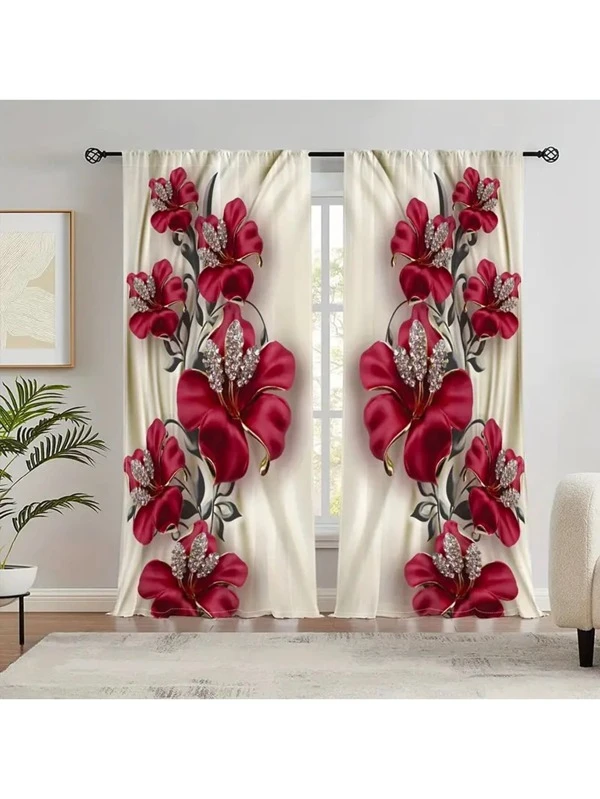 2pcs Diamond Red Rose Shaped Blackout Curtains Home Decoration Window Curtains Multicolor