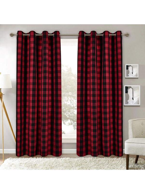 Pack Of 2 Buffalo Checker Plaid Curtains, Gingham Light Filtering Window Drapes Grommet Curtains For Farmhouse Bedroom, Living Room, 230gsm Red And Black
