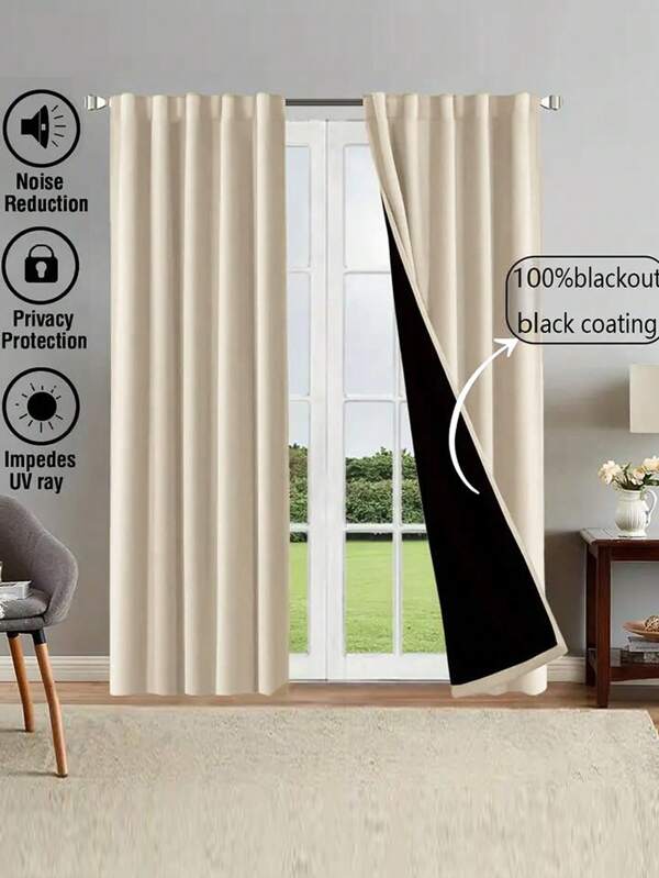 1pc Blackout Curtain, 100% Opaque Coated Fabric, Modern Minimalist Design, Lightweight Hanging Rod-Pocket Window Curtain, Noise Reduction, UV Protection, For Year-Round Use Beige