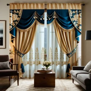 2pcs High Definition Digital Printed Curtains, Yellow And Blue Color Blocking Faux Silk Drapes, New Chinese Style Home Decor For Living Room, Bedroom Yellow