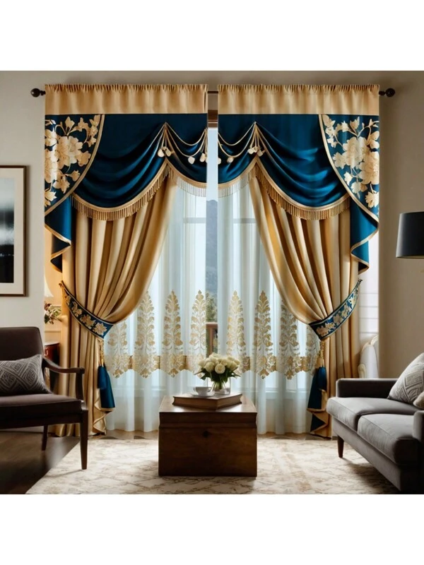 2pcs High Definition Digital Printed Curtains, Yellow And Blue Color Blocking Faux Silk Drapes, New Chinese Style Home Decor For Living Room, Bedroom Yellow