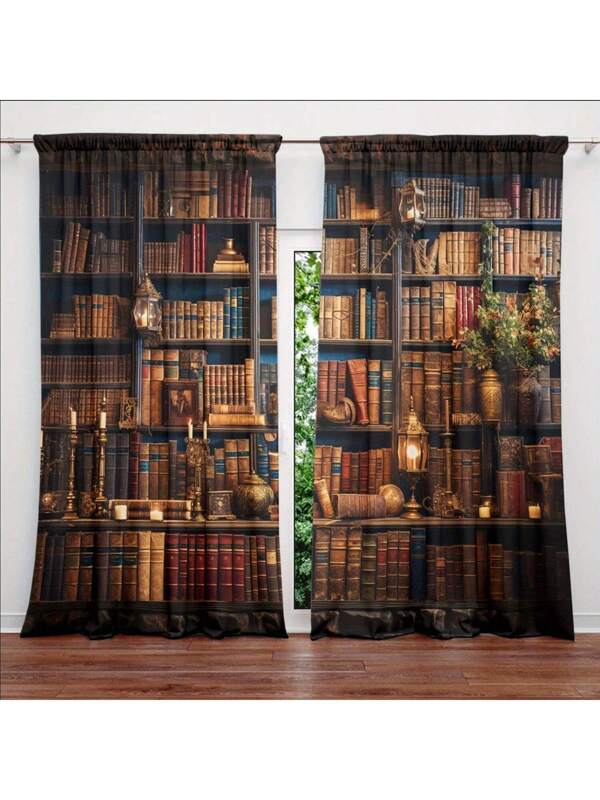2pcs Middle Ages Bookcase Printed Curtain For Home Decor - Rod Pocket Window Treatment For Bedroom, Office, Kitchen, Living Room, And Study Blue