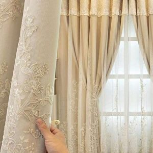 1pc Double Layer Design Embroidered Curtain, Fabrics With Certain Light Blocking Ability, Suitable For Bedroom, Living Room, 4 Seasons, Beige, Grey, Pink Beige
