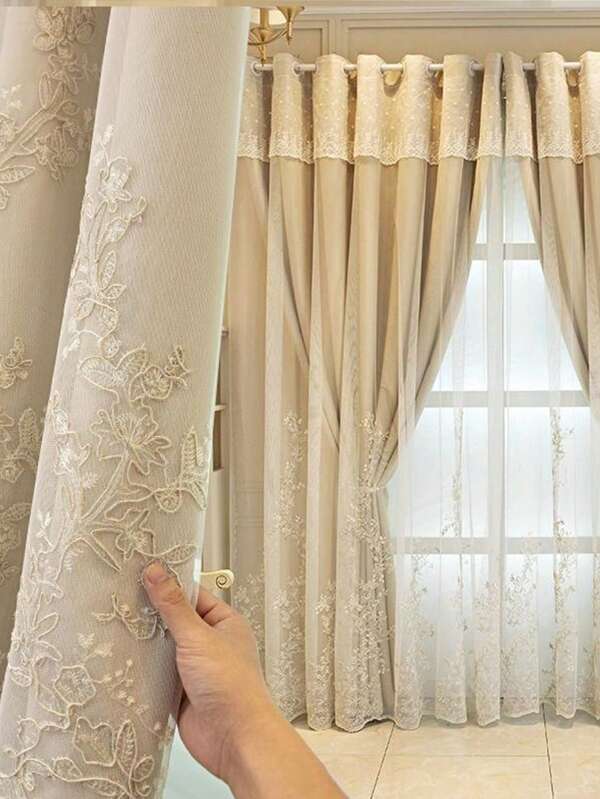 1pc Double Layer Design Embroidered Curtain, Fabrics With Certain Light Blocking Ability, Suitable For Bedroom, Living Room, 4 Seasons, Beige, Grey, Pink Beige