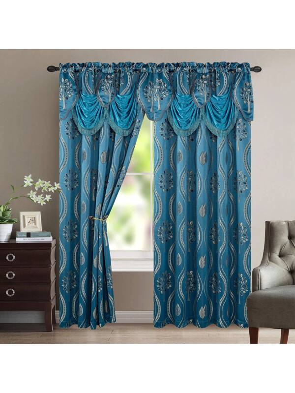 Elegant Comfort Set Of 2 Aurora Curtain Panels- Attached Valance - Rod Pocket- 54" W X 84" L Blue