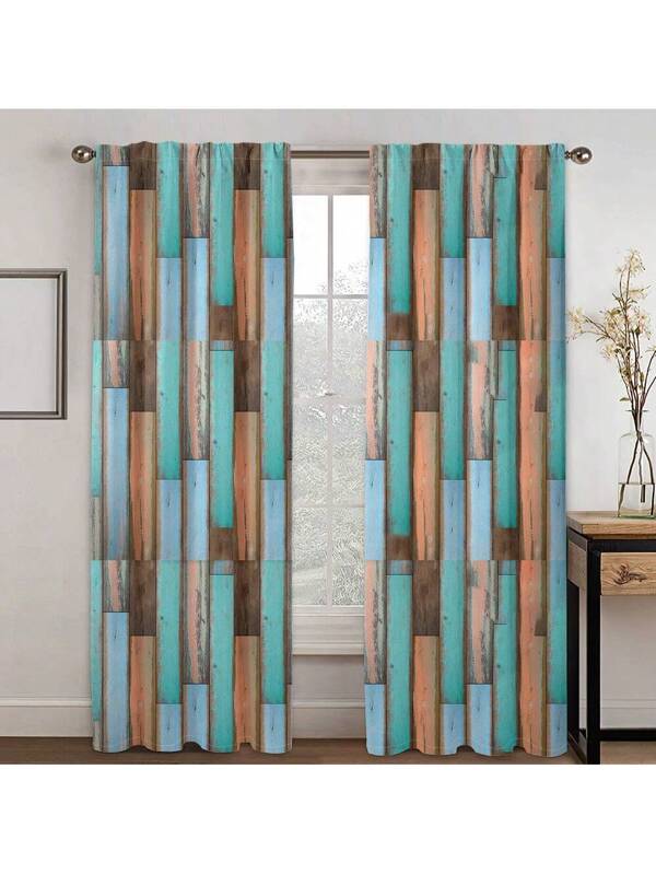 2pcs/Set Colorful Wooden Geometric Vintage Wood Grain Digital Printing Curtain, Polyester Fabric, Suitable For Living Room, Bedroom, Kitchen, Hotel, Dining Room, Home Decor Multicolor