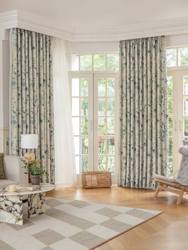 1pc Leaf Printed Curtain, Botanical Style Polyester Opaque Rectangular Curtain Panel For Living Room, Bedroom Blue