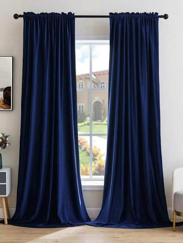 2pcs Royal Blue Italian Flannel Dutch Flannel Cloth Blackout Heat Insulation Curtain, French Velvet Cloth Curtain Bedroom Study Soundproof Curtain, Vintage Color Texture Autumn Curtain, Suitable For Living Room Bedroom Office Room Decoration Navy Blue