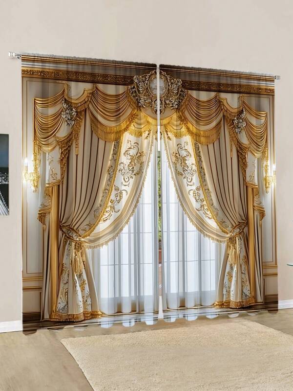 Luxurious 2-Piece European Patterned Curtain Panels - Thermal Insulated Twill Weave, Light-Filtering Design For Bedrooms, Living Rooms, And Offices - Stylish, Energy-Saving, All-Season Decor Multicolor