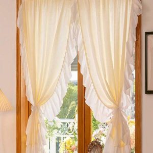2pcs Cream-Color French Lace Voile Princess Room Curtains, No Drill Rod Short Semi-Sheer Cafe Curtain Beige