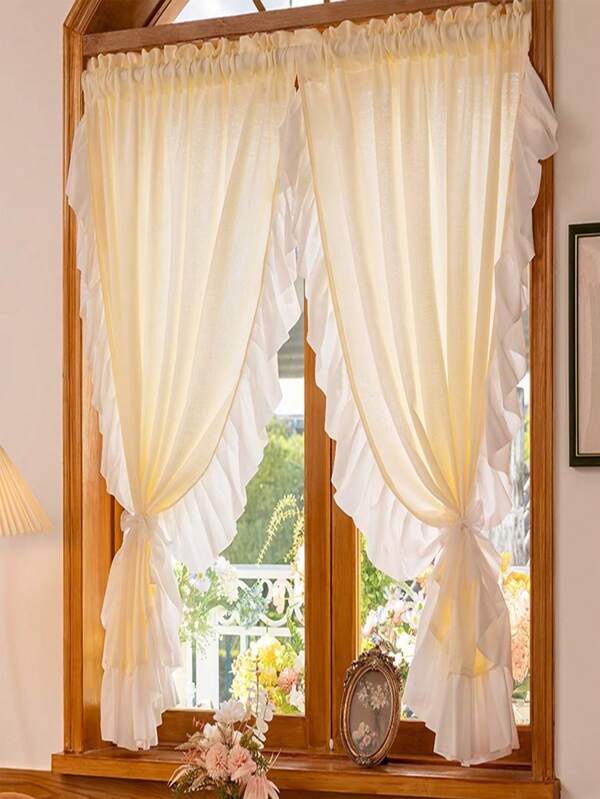 2pcs Cream-Color French Lace Voile Princess Room Curtains, No Drill Rod Short Semi-Sheer Cafe Curtain Beige
