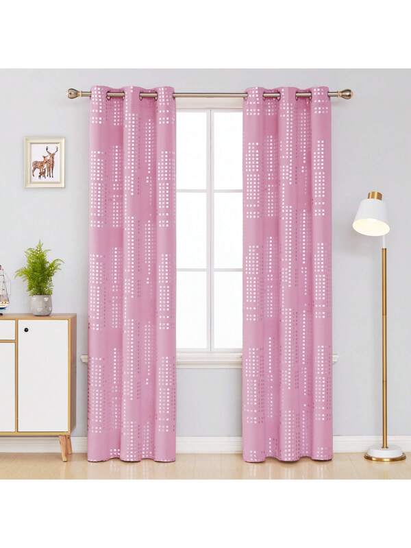 2 Pcs Thermal Insulated Blackout Curtains, Lattice Silver Foil Pattern Window Drapes For Bedroom, Decorative Window Panels For Living Room Pink