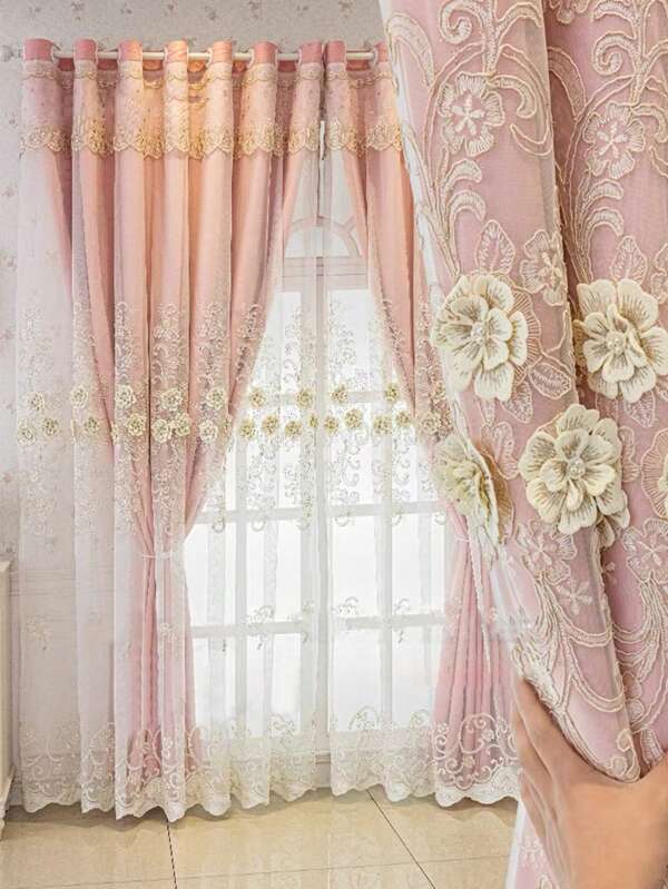 1pc Flower Decorated Double Layer Single Panel Blackout Curtain Made Of Polyester, Suitable For Living Room And Bedroom, Convenient For Installation And Removal On Curtain Rods, For All Seasons Pink