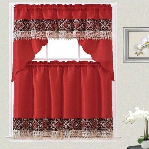 3pc Curtain Set For Kitchen And Home Floral Macrame Design Perfect For Christmas New Year Holidays Embroidered Modern Style This Curtain Set Consist Of 2 Bottom Tiers: 30"X36" Each And Top Swag: 60"X36" Red Color Red