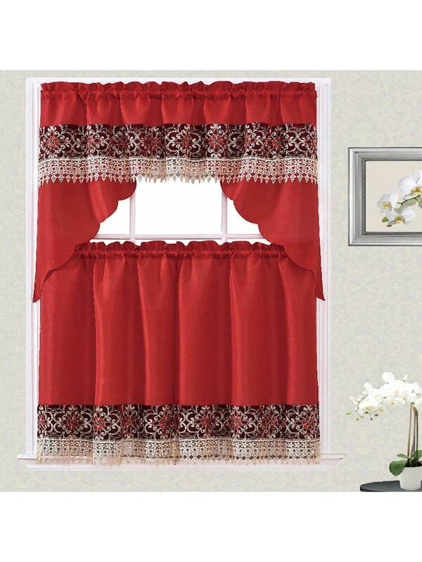 3pc Curtain Set For Kitchen And Home Floral Macrame Design Perfect For Christmas New Year Holidays Embroidered Modern Style This Curtain Set Consist Of 2 Bottom Tiers: 30"X36" Each And Top Swag: 60"X36" Red Color Red